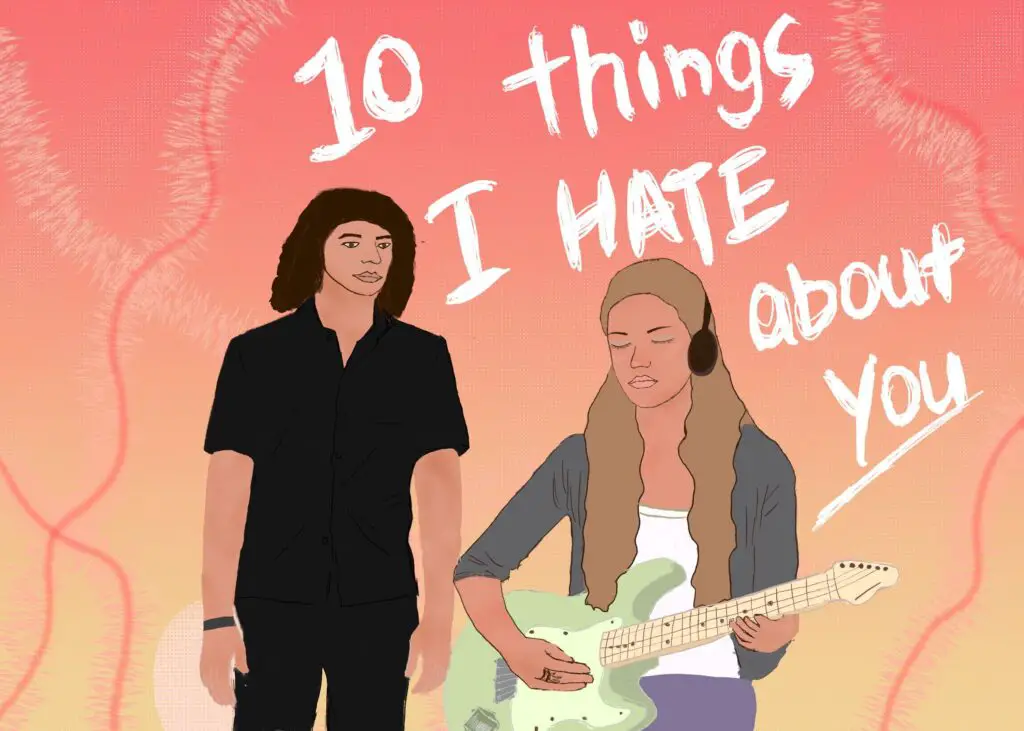 In an article covering "10 Things I Hate About You," main characters Kat and Patrick stand in front of a sparkly orange gradient.