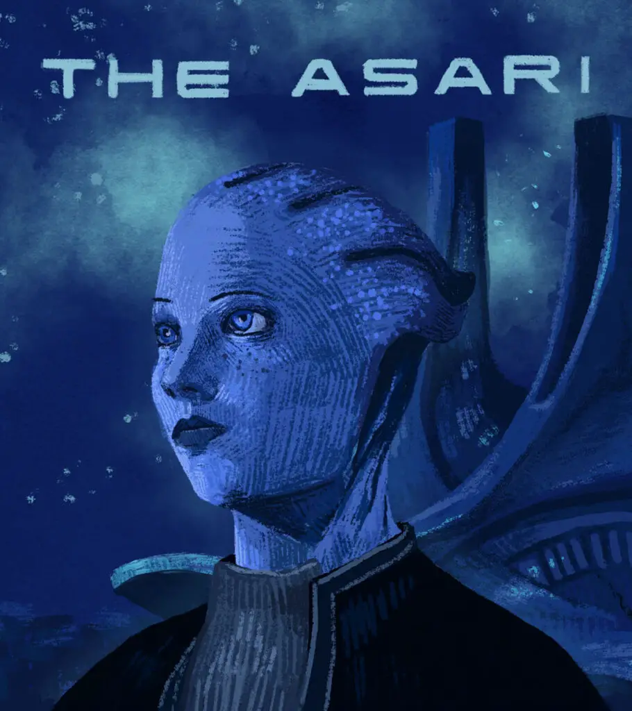 A portrait of a blue-skinned Asari alien in an article about "Mass Effect."