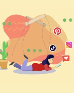 In an article about algorithms, a girl's limbs are held by puppet strings attached to varying social media brand icons.