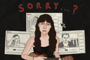 In this article about apology videos, an apologetic-looking woman strums a ukulele while perched in front of a dark background.