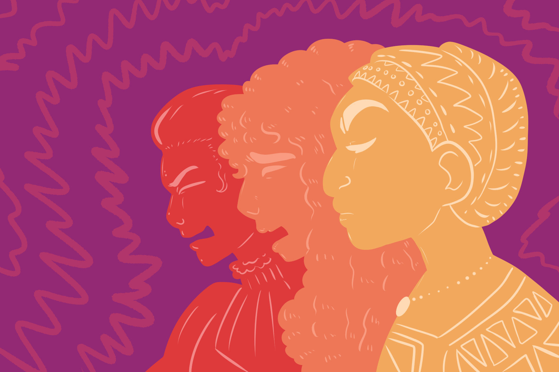 In an article about female hysteria, three colorful silhouettes of ancient Greek goddesses evoke anger-tinged emotions.