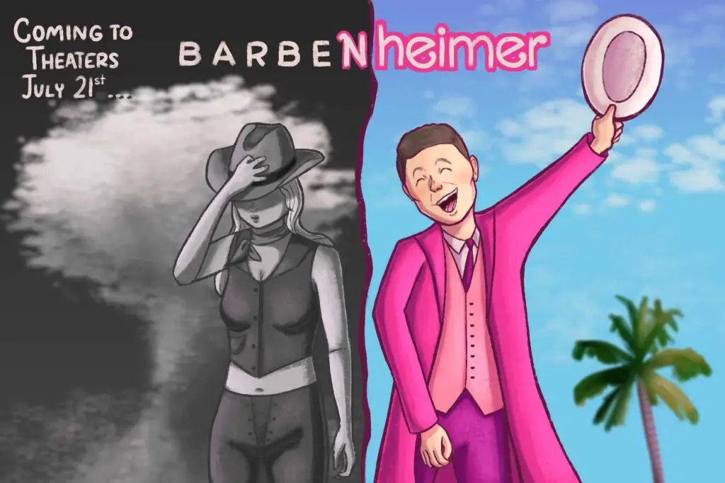 In an article about the Barbenheimer craze, a solemn, grayscale Barbie stands next to a bubbly Oppenheimer wearing pink.