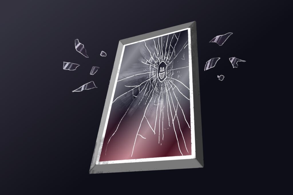 In an article about season six of 'Black Mirror,' a large rectangular mirror shatters around the fist-sized imprint of a smiley face and flings shards of glass into an endless black void.