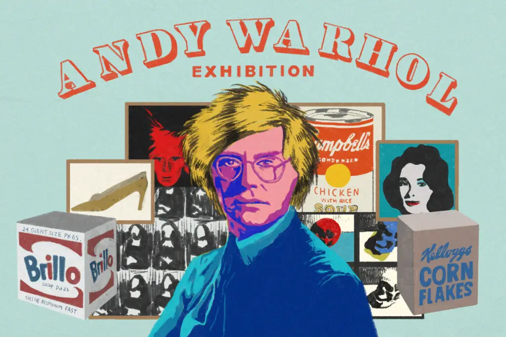 In an article about an East Village Andy Warhol exhibit, Warhol stares boldly at the viewer against a backdrop of his most iconic works.