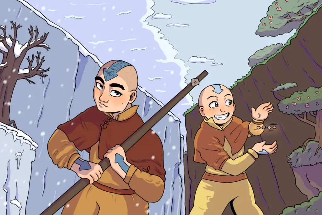 In an article about Avatar: The Last Airbender, Aang smiles in a green, summery world on the right side, while a similarly dressed, different airbender looks stern in a snowy world on the left.