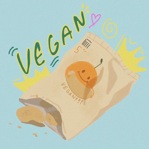 In an article about vegan snacks, a bag of chips with the word vegan inscribed above it.