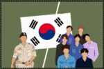 In an article about BTS and masculinity, the seven members of BTS and a member of the Korean military stand in front of the South Korean flag.