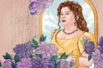 In an article about Penelope Featherington, Penelope, framed against an open archway and wearing a yellow dress, stares boldly into the distance as purple flowers encircle her.
