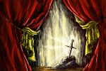 In an article about the Broadway musical 'Camelot,' the sword in the stone from Arthurian legend gleams on a stage draped with billowing red curtains.