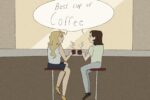 In an article about finding the best local coffee shops, two girls sit on barstools facing a large window and sip steaming cups of java as they engage in a deep chat.
