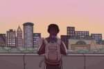In an article about college students moving to big cities, a college student wearing a backpack wistfully stares over a cityscape at sunset.
