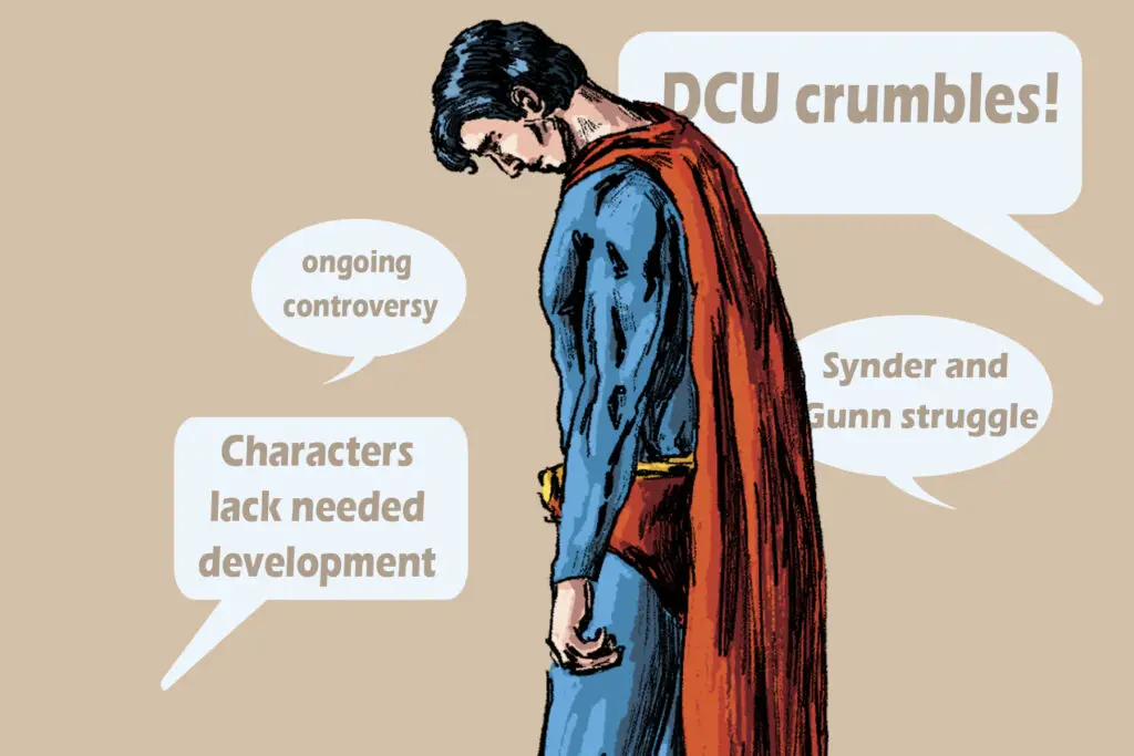 In an article about the collapse of the DCEU, Superman stares dejectedly at the ground as speech bubbles with criticisms such as "DCU crumbles!" and "ongoing controversy" flock around him.