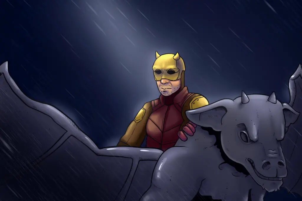 In an article about Daredevil, the superhero stands behind a stone gargoyle in the rain.