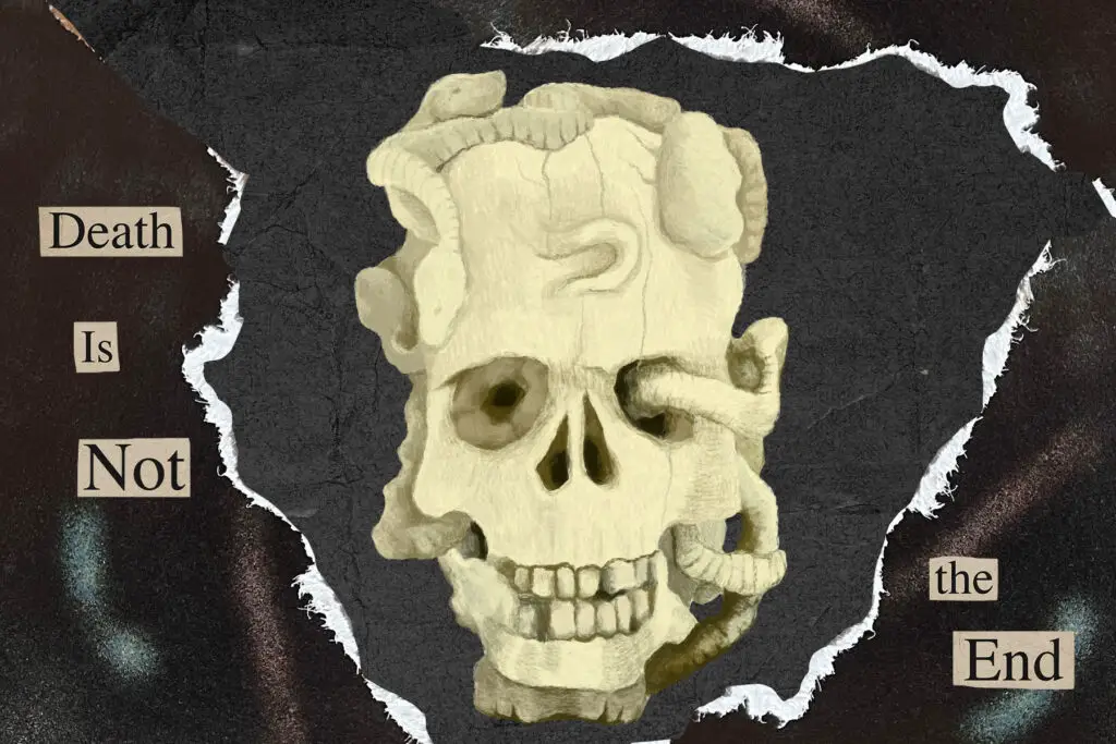 In an article about the Rubin Museum's 'Death Is Not the End' exhibit, a skull with a snake slithering through one eye socket rips through a black canvas that reads "Death Is Not the End."