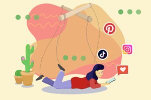 In this article about algorithms, a girl's limbs are held by puppet strings attached to varying social media brand icons.