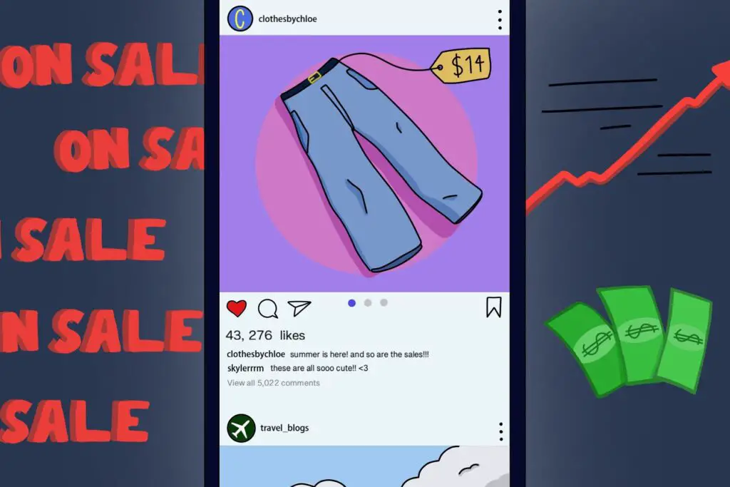 In an article about reselling businesses, an Instagram post about $14 thrifted jeans is flanked by the phrase "ON SALE" in bold red letters on the left and a climbing revenue arrow on the right.