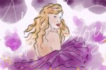In an article about 'Speak Now (Taylor's Version),' Swift, clad in a frilly purple dress, gazes at the viewer over her shoulder as her curly hair ripples against a background of purple splotches and the album title in cursive letters.