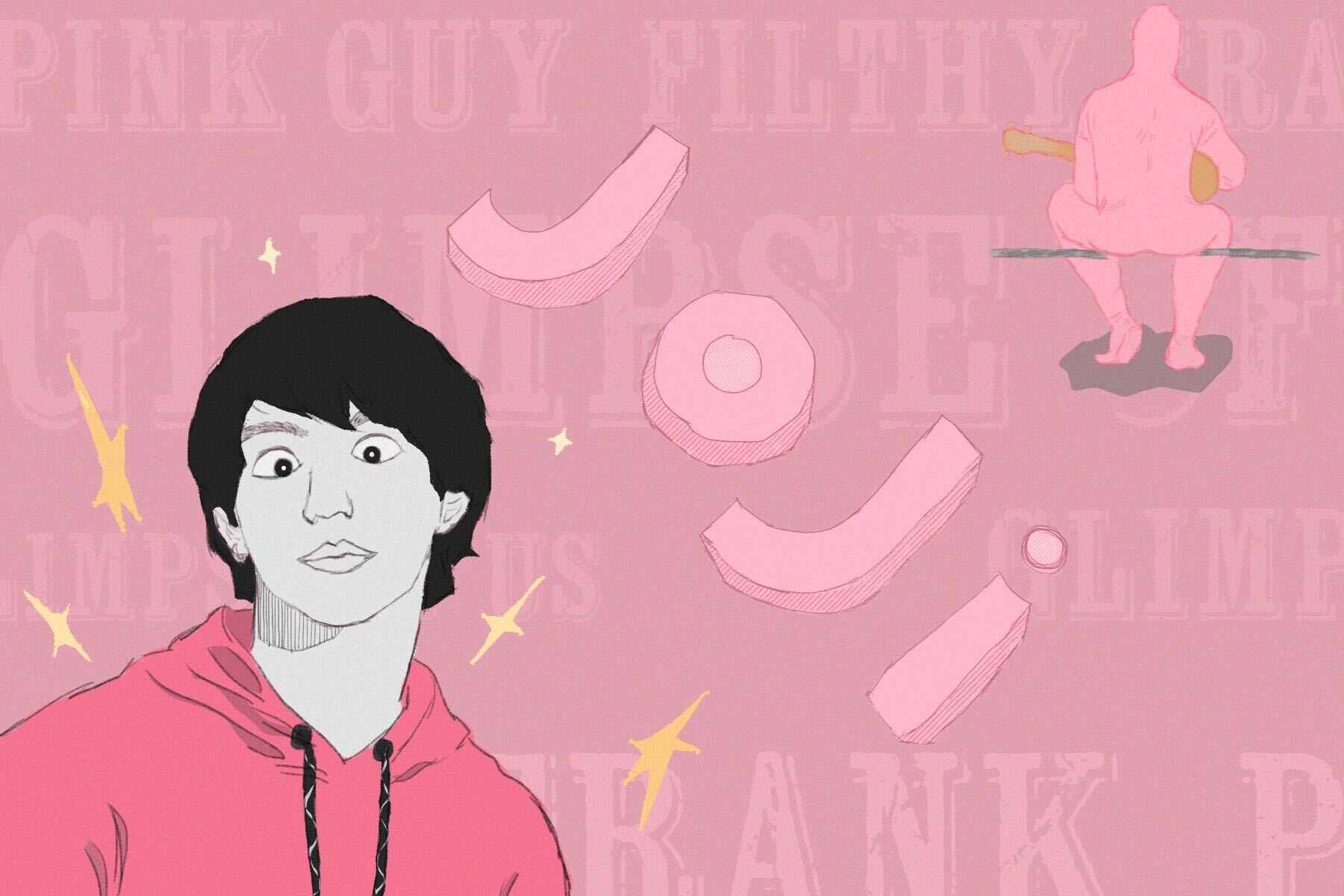 In an article about Joji, an image of his former "Pink Guy" persona on a lighter pink background.