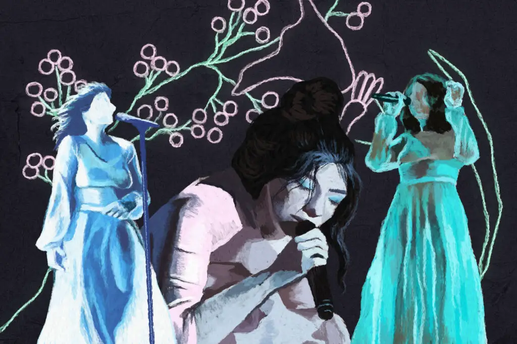 In an article about Lorde's album "Melodrama," three beautiful, dramatized silhouettes of Lorde singing against a black background.