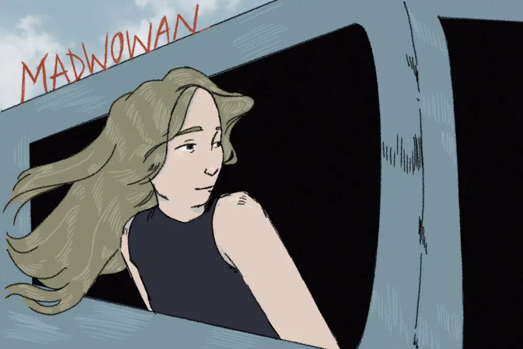 In an article about Annika Bennett, Bennett leans out the window of a blue car, her blonde hair rippling in the wind beneath the title of her latest EP: 'Madwoman.'