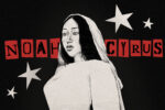In an article about Noah Cyrus, the singer, dressed in all white, stands in front of her name, spelled in red letters on a black background.