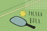 In an article about pickleball, a racket and ball sit inert on a pickleball court.
