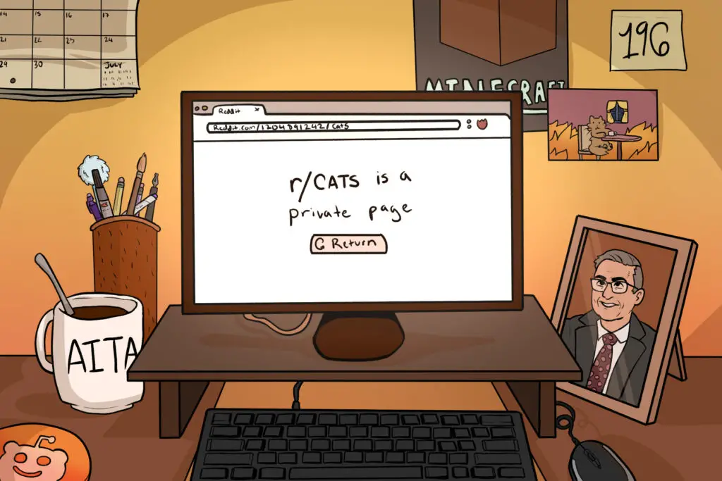 In an article about Reddit, a computer monitor reads, 'r/Cats is a private page.'