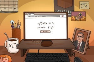 In an article about Reddit, a computer monitor reads, 'r/Cats is a private page.'