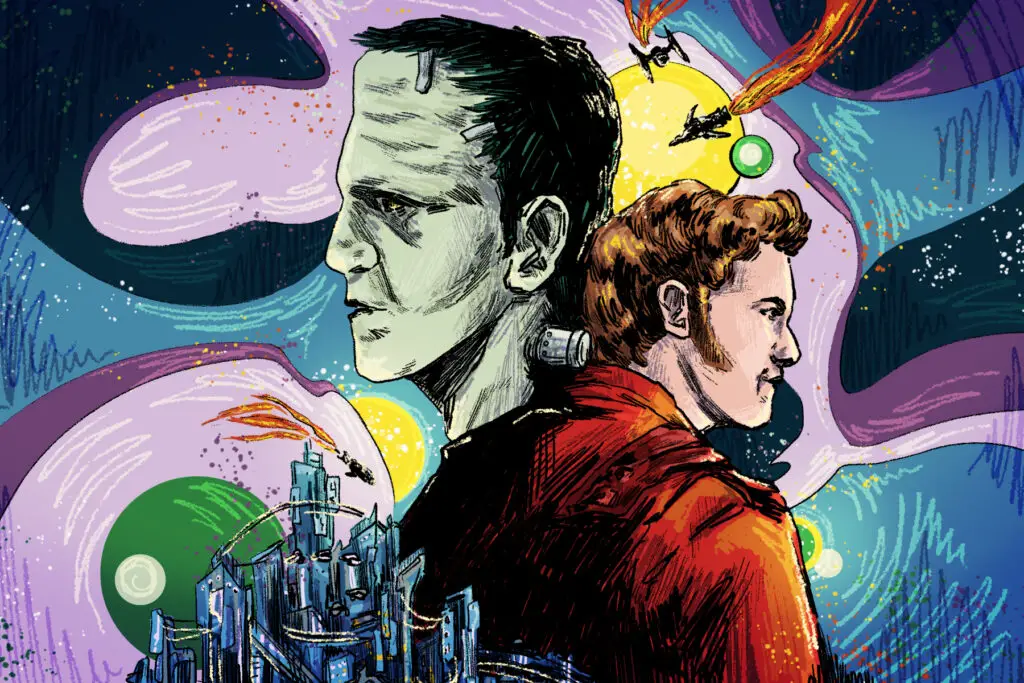 In an article about sci-fi, Frankenstein's monster stands back-to-back with Peter Quill from Guardians of the Galaxy in front of a colorful background.