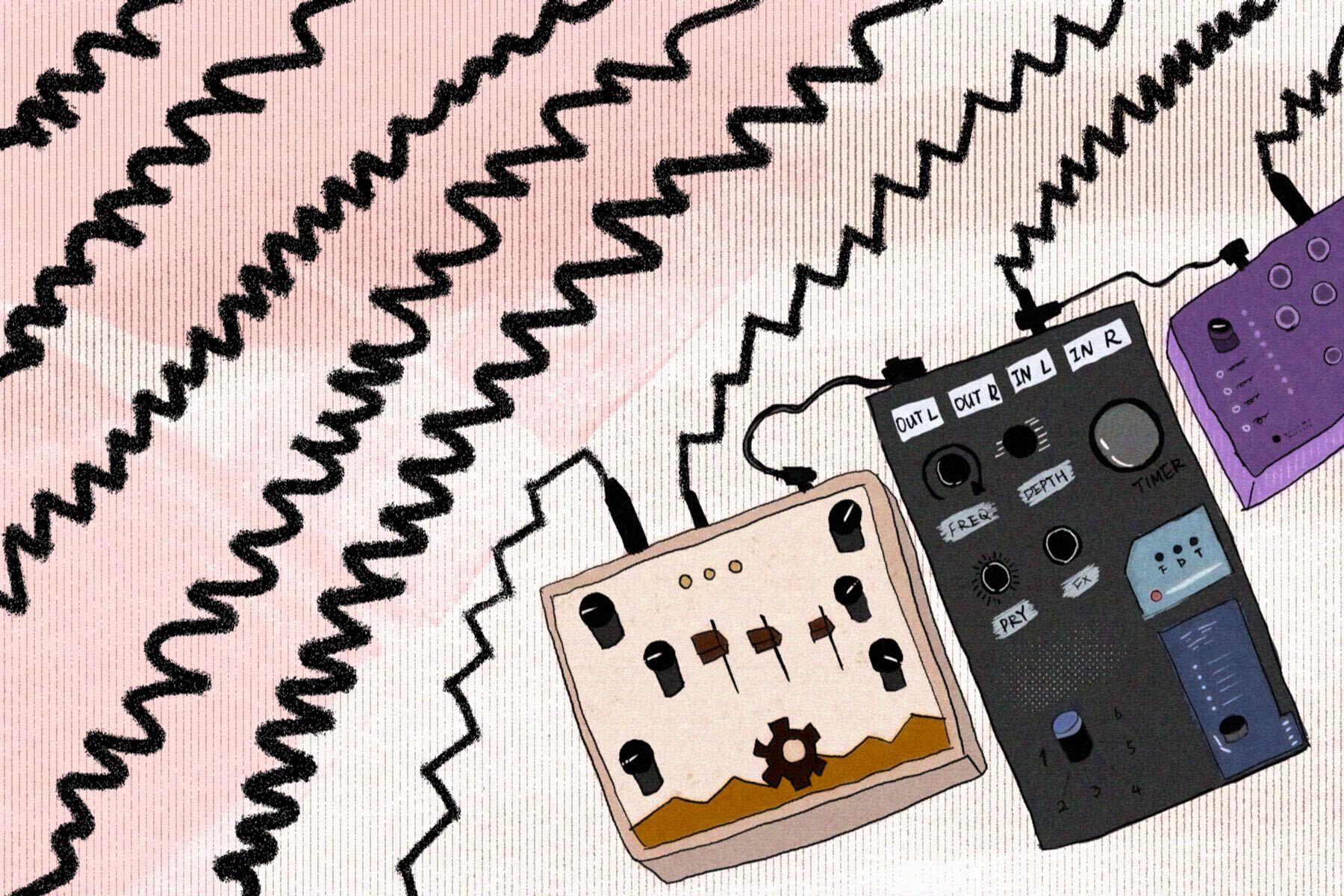 In an article about shoegaze music, three MP3 players send rows of hazy sound waves out over a soft pink background.