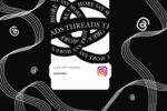 In an article about Threads, a phone screen stands out against a black background, with an Instagram notification and loops of white text on a black background, repeating the words "Threads" and "say more."