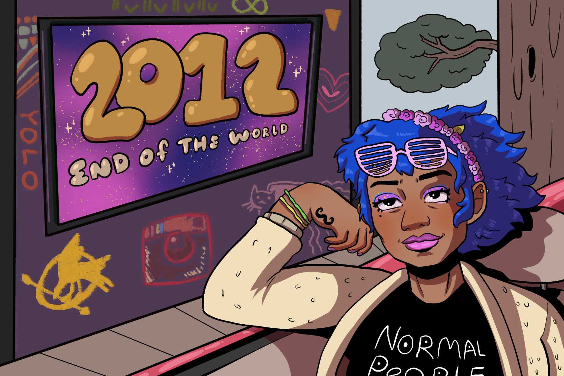 In an article about 2012 pop music, a blue-haired girl wearing early 2010s fashion rides in a car down a street. A billboard reads "2012: end of the world."