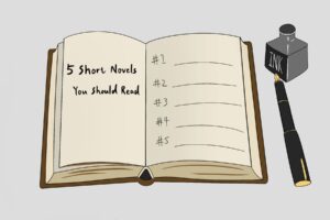 In an article about short novels, an open leather-bound book flanked by a pen and inkwell falls open to reveal a blank numbered list entitled "5 Short Novels You Should Read."