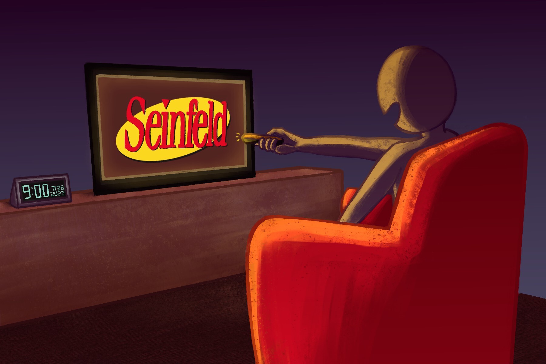In an article about 'Seinfeld,' a person shrouded in the dark of night reclines in an orange chair and points the remote at a television screen lit up by the 'Seinfeld' logo.