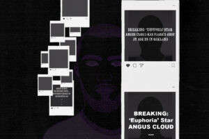 In an article about Angus Cloud's fans' reaction to his death, Instagram squares are stacked across a dark background containing the silhouette of the deceased.