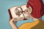 In an article about the keys to a good mystery, a reader holds a magnifying glass over a book and examines an illustration of a detective who is peering up at the reader through his own magnifying glass.