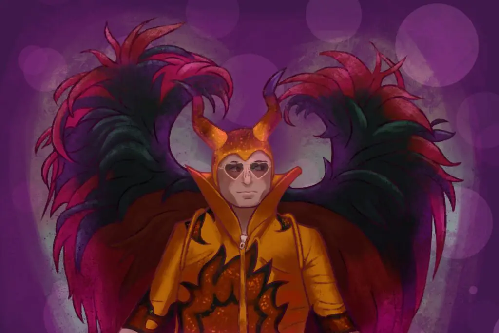 In an article about "Rocketman" (2019), John Elton wears a gold jumpsuit, gold devil horns, and pink angel wings.