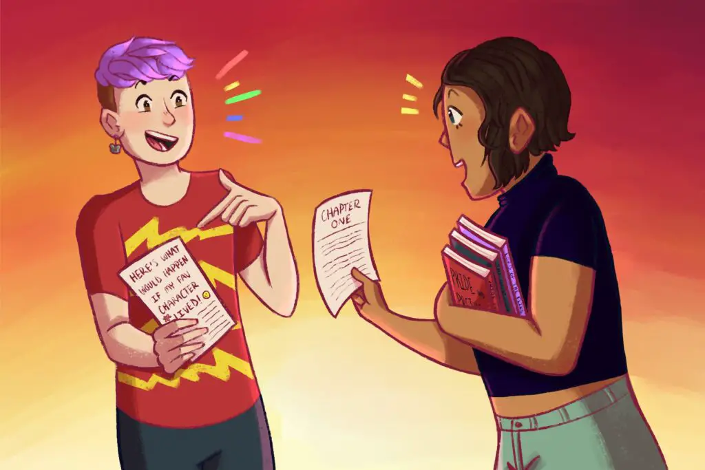 In an article about fan fiction, two writers holding books and sheets of paper excitedly discuss and compare the stories they wrote about their favorite fictional characters.