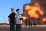 In an article about 'MythBusters,' hosts Adam and Jamie stand back to back as the Build Team walks in front of a fiery explosion in the background.