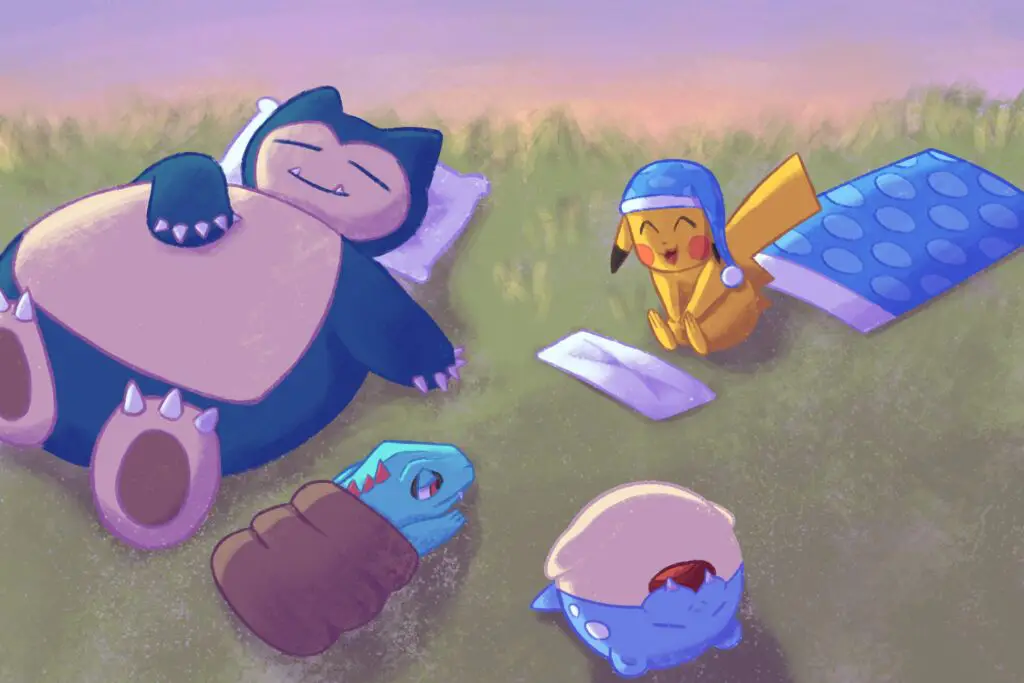 In an article about Pokémon Sleep, Snorlax naps in a luscious clearing while Pikachu and more friends gather in camaraderie.