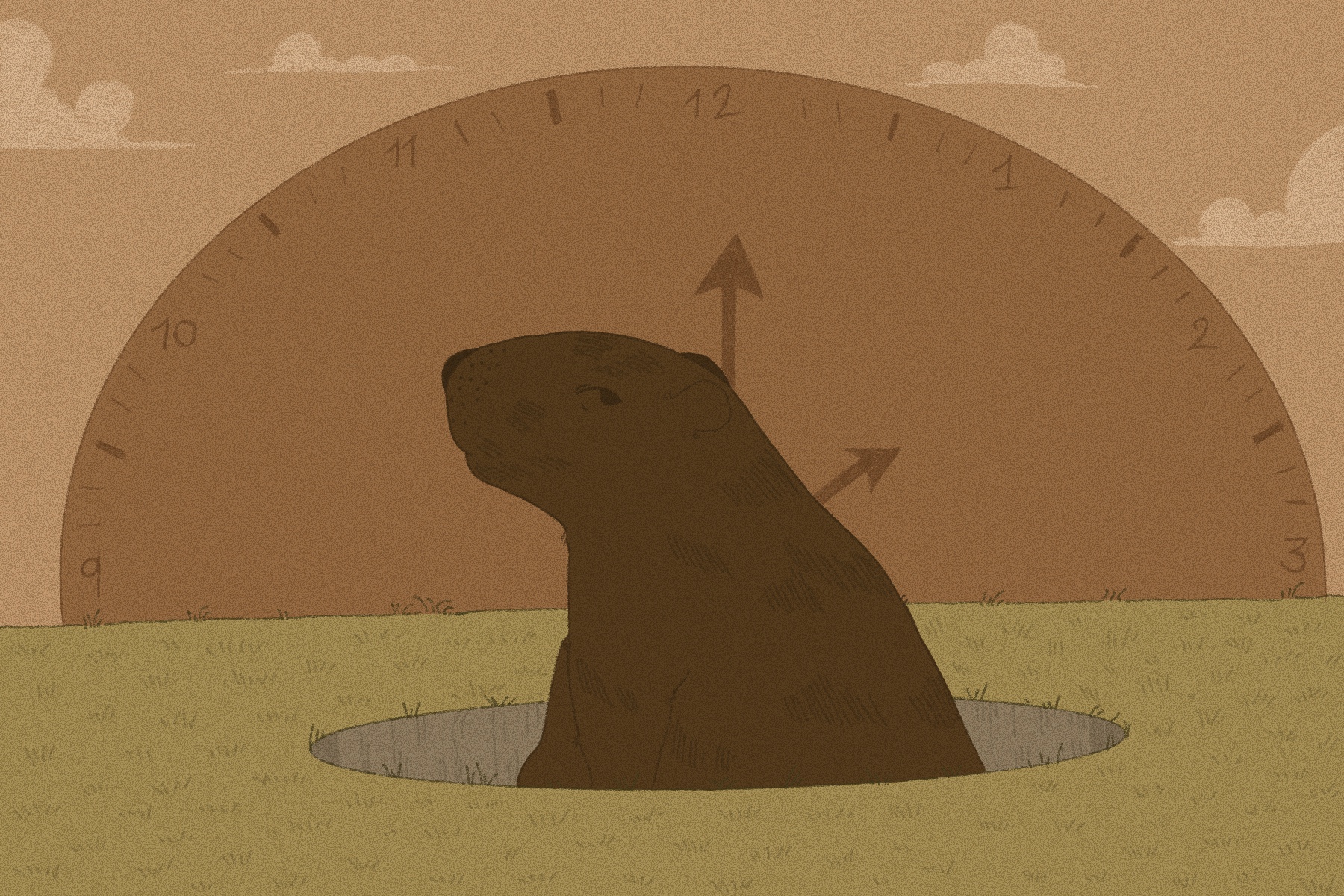 In this article about Groundhog Day, a groundhog peaks its head out of a hole in the ground.