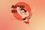 In an article about Astroboy, a boy in small black shorts with big red boots holds one hand out, flying across an orange orb background.