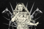 In an article about Beyoncé's Renaissance Tour show in Chicago, a woman with curly hair stands against a black background, stencil drawn in a ruffled garment. She holds a microphone with her right hand and holds her left hand out. Two horses stand behind her, facing outward.