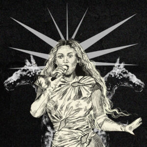 In an article about Beyoncé's Renaissance Tour show in Chicago, a woman with curly hair stands against a black background, stencil drawn in a ruffled garment. She holds a microphone with her right hand and holds her left hand out. Two horses stand behind her, facing outward.