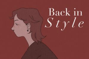 In an article about mullets, a person with an auburn mullet is set against a red background and the words "Back in Style."