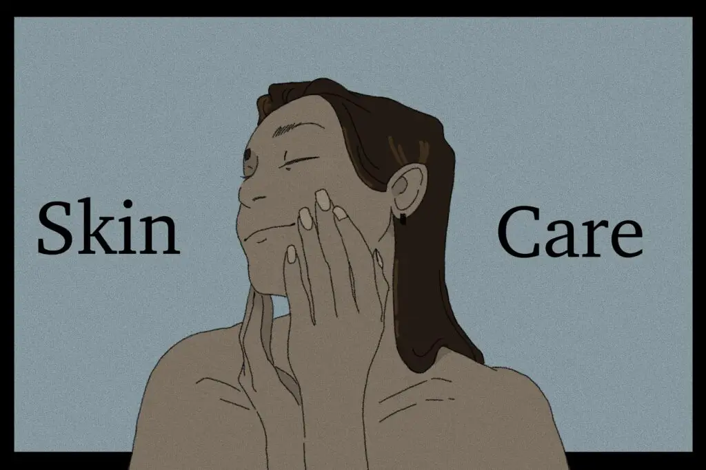 In an article about essential skincare products, a woman with brown hair caresses her face with her hands as she tilts her head with her eyes closed against a teal background. The words "Skin Care" are broken up by the woman in the center.