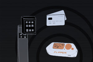 In an article about the Flipper Zero device, a Flipper Zero device is shown with orange buttons and an image of a dolphin on its screen. a a gate keypad and credit cards are also shown,