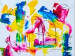 In this article about art, yellow, blue, pink and green hues are splattered against a white canvas.