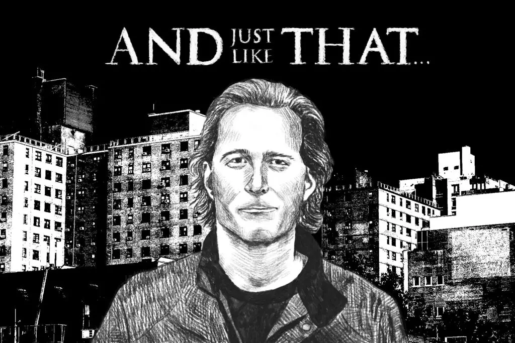 In an article about HBO's 'And Just Like That,' a black and white hand-drawn illustration of John Corbett as Aidan Shaw is against a gritty New York Cityscape. The logo for "And Just Like That..." is above his head.