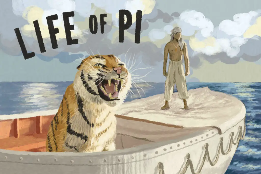 In an article about spirituality in 'Life of Pi, an image depicts a young boy standing on the edge of a boat. He wears white flowy pants and a white scarf over his head. A tiger roars in the seat of the boat. A backdrop of fluffy white clouds is atop a mellow blue ocean.